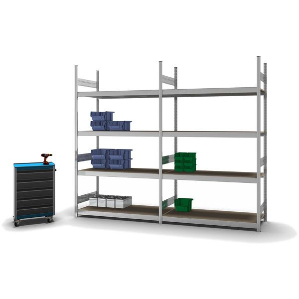 hofe Großfach-Grundregal, 2500x600x1500 mm, 4 Fachebenen, Spanplatte verzinkt, 350 kg Fachlast, 1750 kg Feldlast, zweiseitige Bedienung, GZG25615S