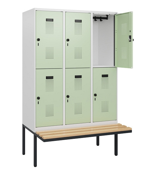 C+P Doppelstock-Spind Evolo PLUS, Bank, 6 Fächer, 1950x1200x815mm, 9016/6019, Drehriegel, Sitzfläche Buche-Hartholz, 0493405-32 S10021