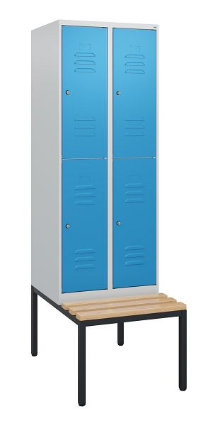 C+P Doppelstöckiger Spind Classic PLUS, 2 Abteile, 1950x600x815mm, 7035/5012, Zylinderschlösser, Buche-Sitzleisten, Sitzbank, 0803505-20 S10034