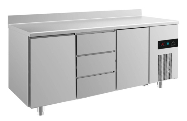 A&S Polarny Kühltisch -2 bis +8°C mit 2x Türen und 1x drei Schubladen mittig, 1865 x 700 x 850 mm, mit Aufkantung, KT3TDTA