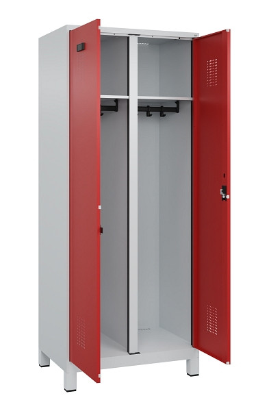 C+P Schwarz-Weiß-Spind Evolo PLUS, mit Füßen, 2 Abteile, 1950x800x500mm, 7035/3, Frontfarbe RAL 3000 feuerrot, Zylinderschloss, 049012-22 S10030
