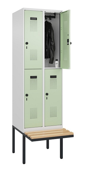 C+P Doppelstock-Spind Evolo PLUS, Bank, 4 Fächer, 2120x600x815mm, 9016/6019, Drehriegel, Sitzfläche Buche-Hartholz, 0493407-20 S10019