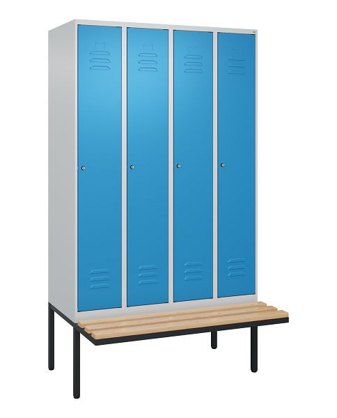 C+P Umkleidespind Classic PLUS, 4 Abteile, 2120x1200x815mm, 7035/5012, Zylinderschlösser, Buche-Sitzleisten, 3 Doppel-Haken, 0800407-40 S10048