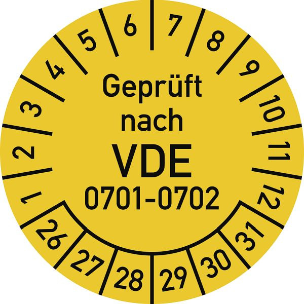 Moedel Prüfplakette Geprüft nach VDE 0701-0702 2026-2031, Folie, Ø 30 mm, VE: 10 Stück/Bogen, 107217