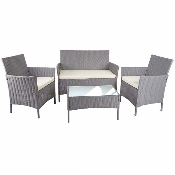 Mendler Poly-Rattan Garten-Garnitur HWC-D82, Sitzgruppe Lounge-Set, grau mit Kissen creme, 64506