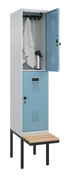 C+P Doppelstock-Spind Evolo PLUS, Bank, 2 Fächer, 2120x400x815mm, 7035/0010, Drehriegel, Sitzfläche Buche-Hartholz, 0493407-12 S10009