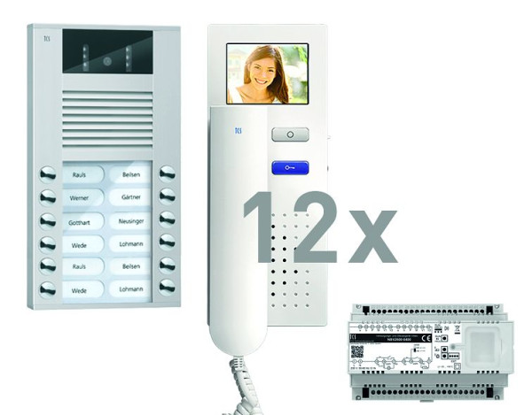 TCS Türkontrollsystem video:pack AP für 12 Wohneinheiten, mit Außenstation AVE 12 Klingeltasten, 12x Video Türtelefon IVH3222, Steuerung, PVE15120-0010