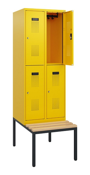 C+P Doppelstöckiger Spind Evolo PLUS, Bank, 4 Fächer, 1950x600x815mm, 1023/1023, Zylinderschloss, Sitzfläche Buche-Hartholz, Sitzbank, 0493505-20 S10062