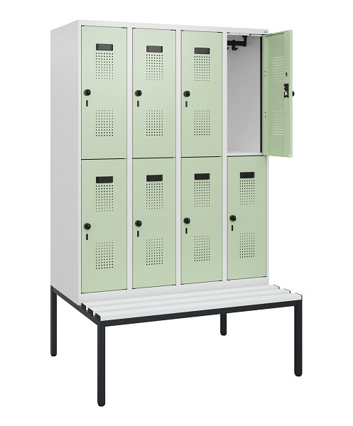 C+P Doppelstöckiger Spind Evolo PLUS, Bank, 8 Fächer, 1950x1200x815mm, 9016/6019, Drehriegel, Sitzfläche Kunststoff, Sitzbank, 0493505-40 S10119