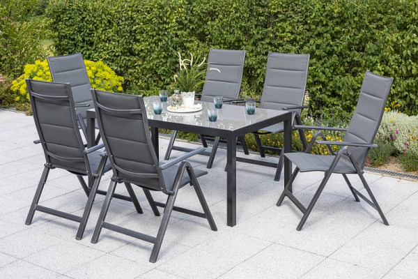 Merxx Taviano Set 7-teilig, 6 Klappsessel, Rückenlehne 5-fach verstellbar, gepadded, 1 Tisch, 150 x 90 cm, graphit/grau, 50262-207