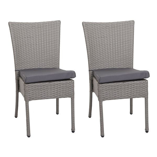 Mendler 2er-Set Poly-Rattan Stuhl HWC-G19, Balkonstuhl Gartenstuhl, stapelbar, grau, Kissen dunkelgrau, 97138