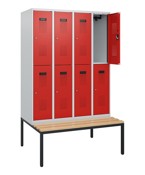 C+P Doppelstöckiger Spind Evolo PLUS, Bank, 8 Fächer, 1950x1200x815mm, 7035/3020, Zylinderschloss, Sitzfläche Buche-Hartholz, Sitzbank, 0493505-40 S10028