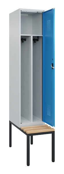 C+P Spind Evolo PLUS, 1 Abteile, 2120x400x815mm, 7035/5012, Haken 4, Zylinderschloss, Sitzfläche Buche-Hartholz, Sitzbank, Trennwand, 0490507-12F S10034
