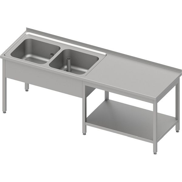 Stalgast Cheftisch mit Grundboden unter der Arbeitsfläche, mit zwei Becken links 1800x600x850 mm, mit Aufkantung, verschweißt, VST18626LA