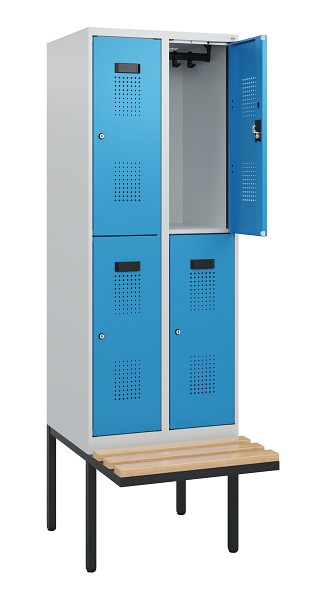 C+P Doppelstock-Spind Evolo PLUS, Bank, 4 Fächer, 1950x600x815mm, 7035/5012, Zylinderschloss, Sitzfläche Buche-Hartholz, 0493405-20 S10031