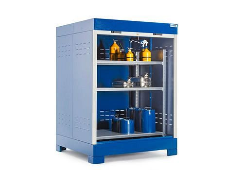DENIOS SteelSafe Gefahrstoffdepot D4, mit Rollladen und Stahlregal für Kleingebinde, 220 Liter, 291046