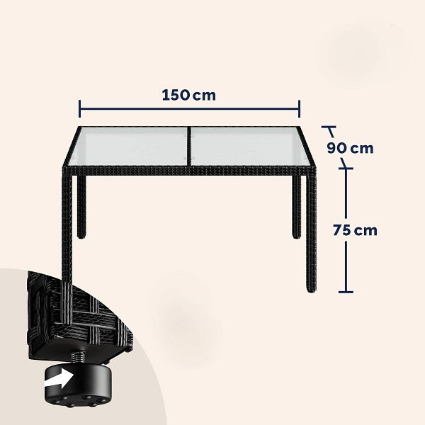 casaria Polyrattan Gartentisch Schwarz 150x90x75cm Glas, 997663