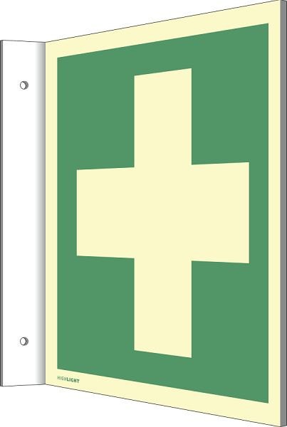 Moedel Fahnenschild Erste Hilfe, ISO 7010, Kunststoff, nachleuchtend, 160-mcd, 200x200 mm, 65628