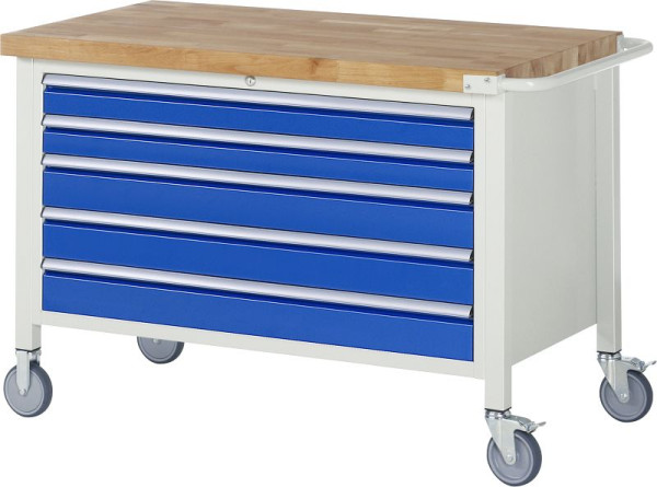 RAU Fahrbare Werkbank 8000 - Modell 8371, B1250 x T700 x H880-1080 mm, Unterbau-Container, 5x Schubladen: 2xH90, 3xH120 mm, 05-8371A2-127B4H.11