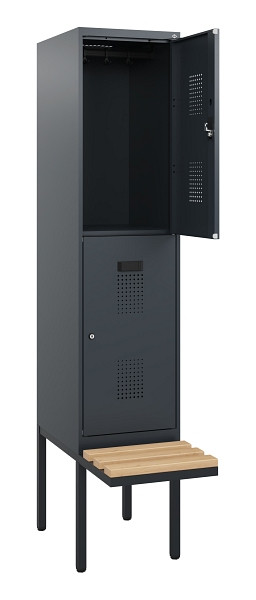 C+P Doppelstock-Spind Evolo PLUS, Bank, 2 Fächer, 1950x400x815mm, 7016/7016, Zylinderschloss, Sitzfläche Buche-Hartholz, 0493405-12 S10041