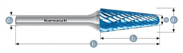 Karnasch Hartmetall-Frässtift Blue-Tec beschichtet KEL/ HP-6 d1= 12,0 / l2= 32 / d2= 6 / l1= 77mm, VE: 2 Stück, 115084045