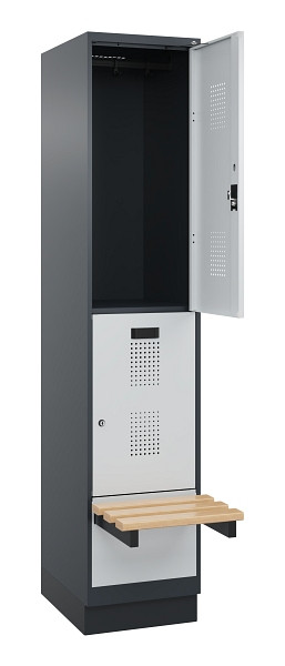C+P Doppelstock-Spind Evolo PLUS, Bank, 2 Fächer, 1950x400x815mm, 7016/7035, Zylinderschloss, Sitzfläche Buche-Hartholz, mit Sockel, 049340-12 S10044
