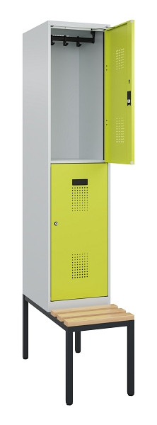 C+P Doppelstock-Spind Evolo PLUS, Bank, 2 Fächer, 2120x400x815mm, 7035/0024, Zylinderschloss, Sitzfläche Buche-Hartholz, Sitzbank, 0493507-12 S10042