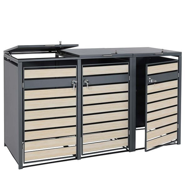 Mendler 3er Mülltonnenverkleidung HWC-J81, Mülltonnenbox, erweiterbar, Metall 82kg, anthrazit, Buche-Holzoptik hellbraun, 83350+83351+83352