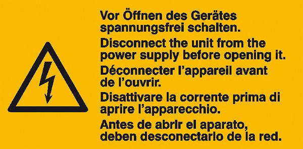 SafetyMarking Warn-Kombischild, Vor Öffnen des Gerätes spannungsfrei schalten, BxH 6,5x3,2 cm, Folie, selbstklebend, VE: 6 Stück/Bogen, 30.0655