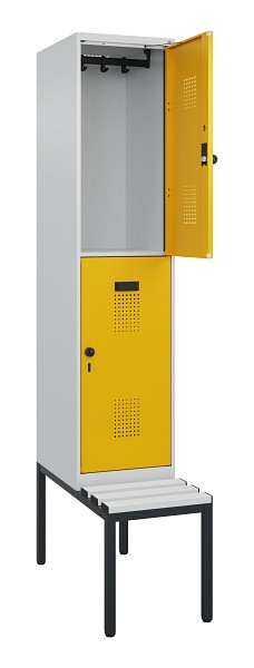 C+P Doppelstock-Spind Evolo PLUS, Bank, 2 Fächer, 2120x400x815mm, 7035/1004, Drehriegel, Sitzfläche Kunststoff, Sitzbank, 0493507-12 S10081