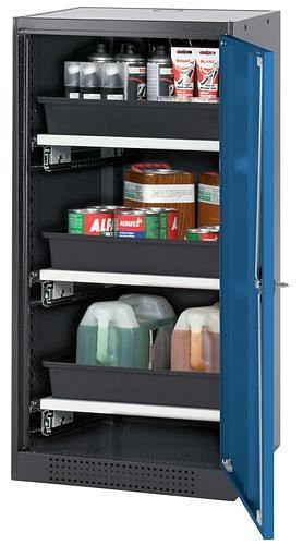 asecos Chemikalienschrank Systema-T CS-53R, Korpus anthrazit, Flügeltüren blau, 3 Tablarauszüge, 208848