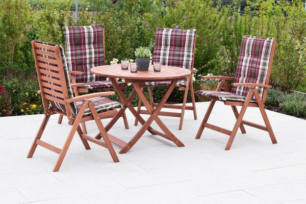 Merxx Borkum Set 9-teilig, 4 Klappsessel, Rückenlehne 5-fach verstellbar, 4 weinrot karierte Kissen, 1 runder Klapptisch, Ø 100 cm, 40005-011