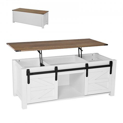 VEVOR Lift Top Couchtisch 120 cm, rustikal, mit Scheunentor & Staufach, rechteckige Hubtischplatte, weiß, KFZ472INCHBSTSRW8001V0