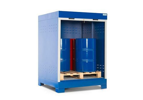 DENIOS SteelSafe Gefahrstoffdepot D4, mit Rollladen, für 4 Fässer, 220 Liter, 291045