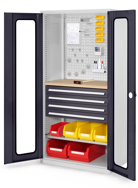 Kappes RasterPlan Schubladenschrank, Modell 36, RAL 7035/7016, Sichtfenstertüren 1950 x 1000 x 600 mm, 4 Schubladen H 100 mm, 1460.06.5024