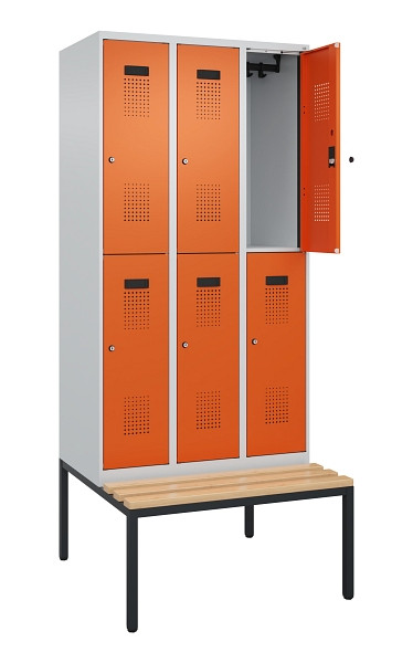 C+P Doppelstock-Spind Evolo PLUS, Bank, 6 Fächer, 2120x900x815mm, 7035/2004, Zylinderschloss, Sitzfläche Buche-Hartholz, Sitzbank, 0493507-30 S10029