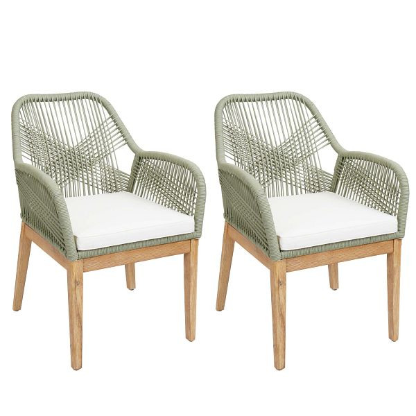 Mendler 2er-Set Gartenstuhl HWC-H56b, Sessel Outdoor, wetterfest Seilgeflecht Rope Holz Akazie, grün Kissen creme, 2x110414
