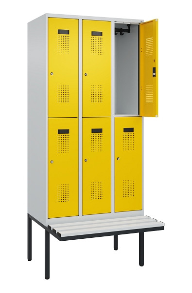 C+P Doppelstock-Spind Evolo PLUS, Bank, 6 Fächer, 2120x900x815mm, 7035/1023, Zylinderschloss, Sitzfläche Kunststoff, 0493407-30 S10109