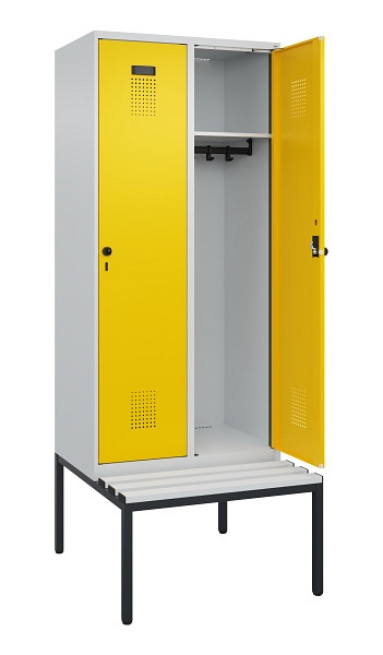 C+P Spind Evolo PLUS, 2 Abteile, 2120x800x815mm, 7035/1023, Haken 4, Drehriegel, Sitzfläche Kunststoff, Sitzbank, 0490507-22 S10055