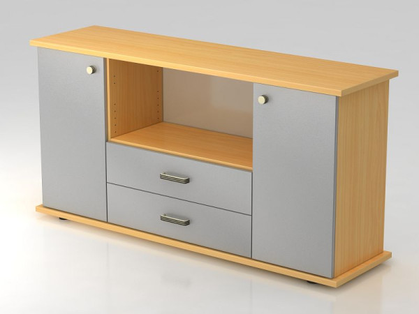 Hammerbacher Sideboard 2 Türen, 2, Schübe, Streifengriff Buche/Silber, 166,1x44,8x84 cm (BxTxH), VSBTS/6/S/SG