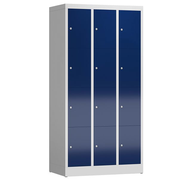 Lüllmann ClassiX Schließfachschrank, 3 Abteile à 4 Fächer, 1800 x 870 x 500 mm, lichtgrau/enzianblau, X-520431