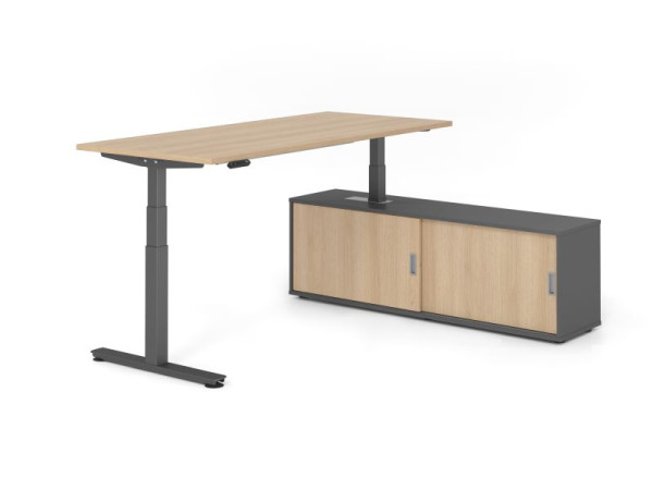 Hammerbacher Schreibtisch XDSM19, 180x80cm, Platte: Eiche, T-Fuß Gestell Graphit, Höhe: 63 - 127 cm, Graphit / Eiche, VXDSM19SB/E/G/G/E