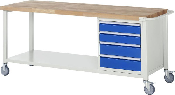 RAU Fahrbare Werkbank 8000 - Modell 8162, B2000 x T700 x H880-1080 mm, Systemunterbau B1995 x T650 mm, 4 Schubladen, 05-8162A6-207B4H.11