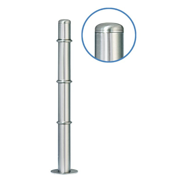 Stein HGS Absperrpfosten -Acero Rundkopf- (V2A) Ø 76 mm mit 3 Zierringen (Oben, Mitte, Unten), mit DK im unteren Drittel und PZ oben, geschliffen, 13213-g