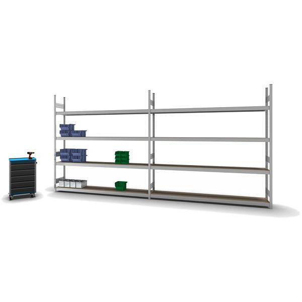 hofe Großfach-Grundregal, 2500x400x2500 mm, 4 Fachebenen, Spanplatte verzinkt, 350 kg Fachlast, 1750 kg Feldlast, zweiseitige Bedienung, GZG25425S