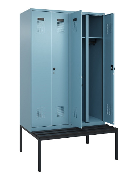 C+P Schwarz-Weiß-Spind Evolo PLUS, Bank, 4 Abteile, 2120x1200x815mm, 0010/0010, Drehriegel, Sitzfläche Kunststoff, Sitzbank, 0490527-40 S10075