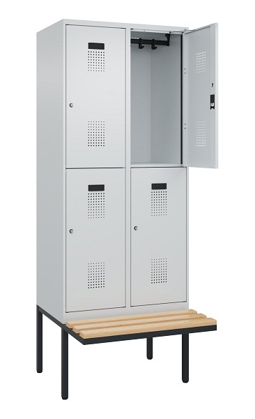 C+P Doppelstock-Spind Evolo PLUS, Bank, 4 Fächer, 2120x800x815mm, 7035/7035, Zylinderschloss, Sitzfläche Buche-Hartholz, 0493407-22 S10040