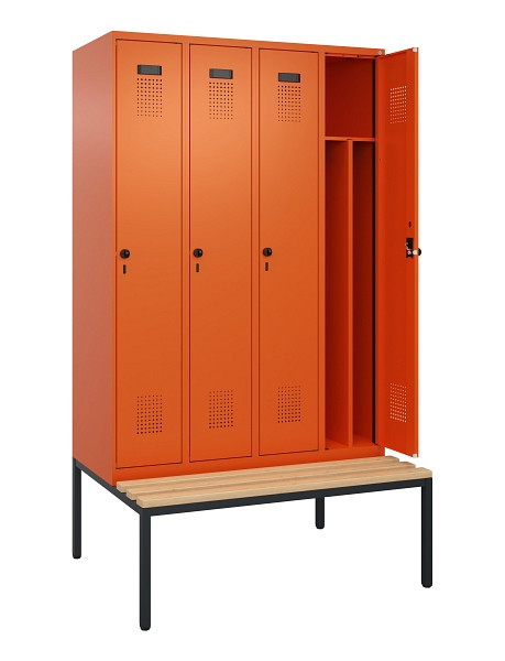 C+P Spind Evolo PLUS, 4 Abteile, 2120x1200x815mm, 2004/2004, Haken 4, Drehriegel, Sitzfläche Buche-Hartholz, Sitzbank, 0490507-40F S10023