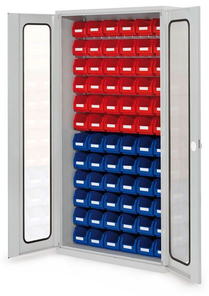 Kappes RasterPlan- Schlitzplattenschrank, H1950 x B 1000 x T 410 mm RAL 7035, Modell 54, Sichtfenstertüren bestückt mit Lagersichtkästen, 1353.04.5013