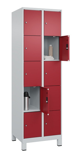 C+P Schließfachschrank Evolo PLUS, mit Füßen, 10 Fächer, 1950x600x500mm, 7035/3, Frontfarbe RAL 3003 Rubinrot, 049010-205 S10004